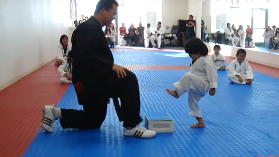 Un enfant essaie de casser une planche au cours de taekwondo