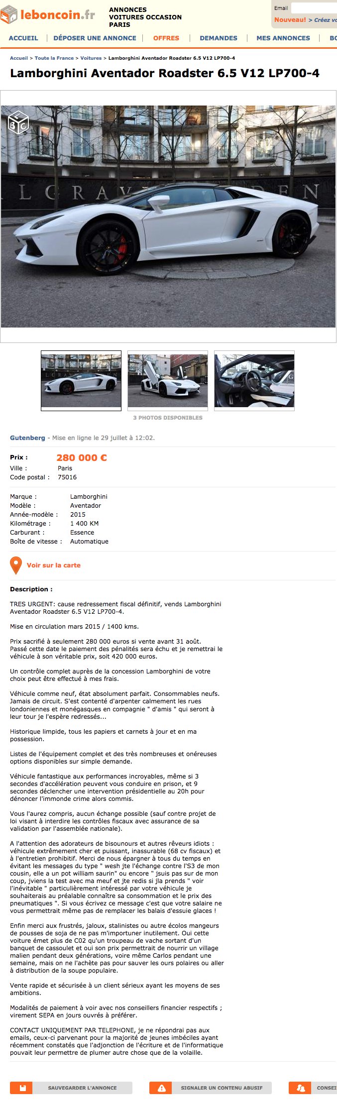  Il vend sa Lamborghini sur Le Bon Coin, sous prétexte d’être victime d’un redressement fiscal !