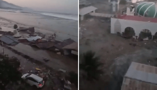 Il filme un tsunami qui frappe sur une plage en Indonésie