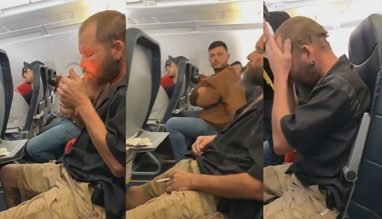 Un passager idiot allume une cigarette dans un avion