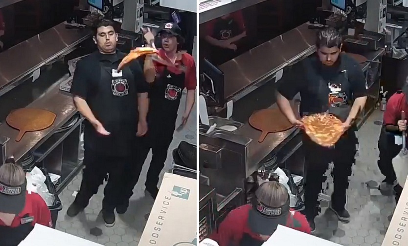 Un employé sauve une pizza alors qu'elle allait tomber au sol