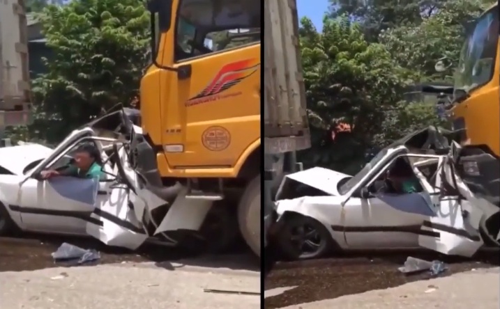 Un automobiliste s'est fait prendre en sandwich entre deux camions et a la chance de sa vie