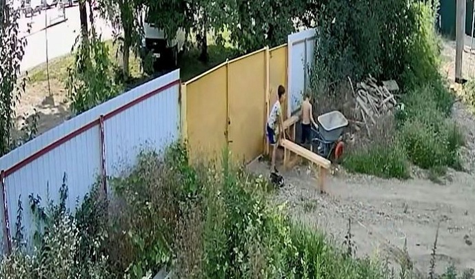 Petits voleurs de brouette de chantier en train de franchir un portail