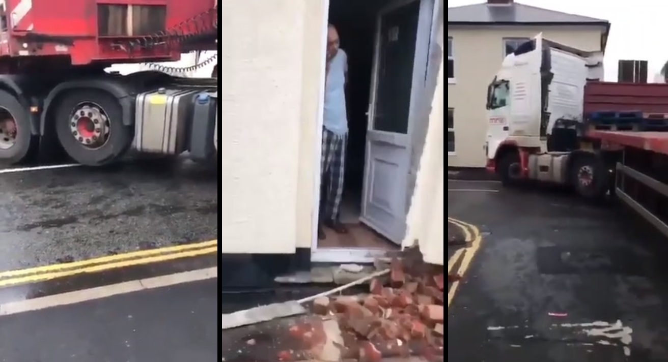 Un camion détruit le coin d'une maison dans un virage serré