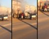 Un camion de vidange éteint une voiture enflammée avec des excréments