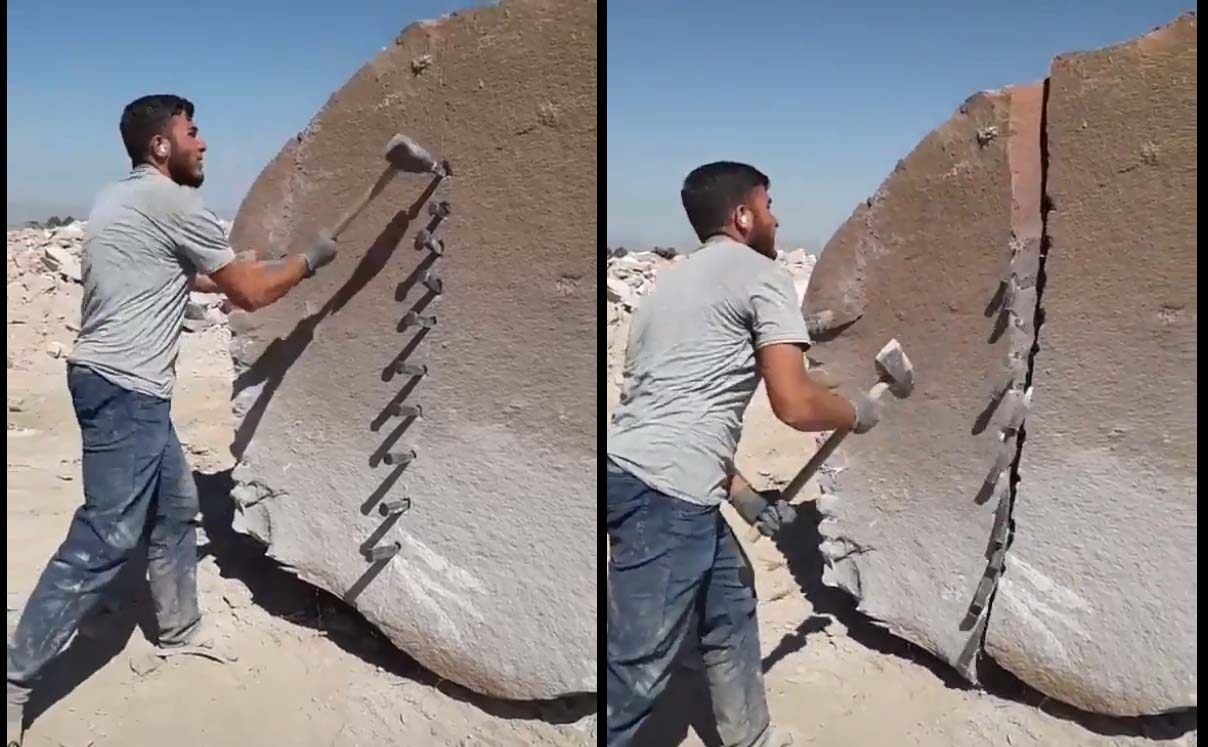Il coupe un énorme rocher en deux avec grande précision
