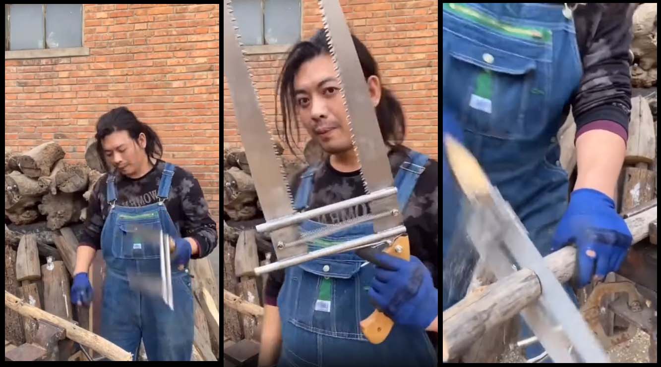 Un artisan dévoile son scie à main avec double lames